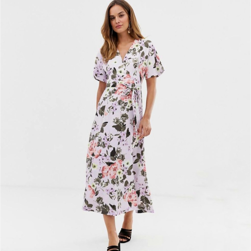 French Connection Armoise midi dress purple Floral V-Neck Short Sleeve Wrap 6